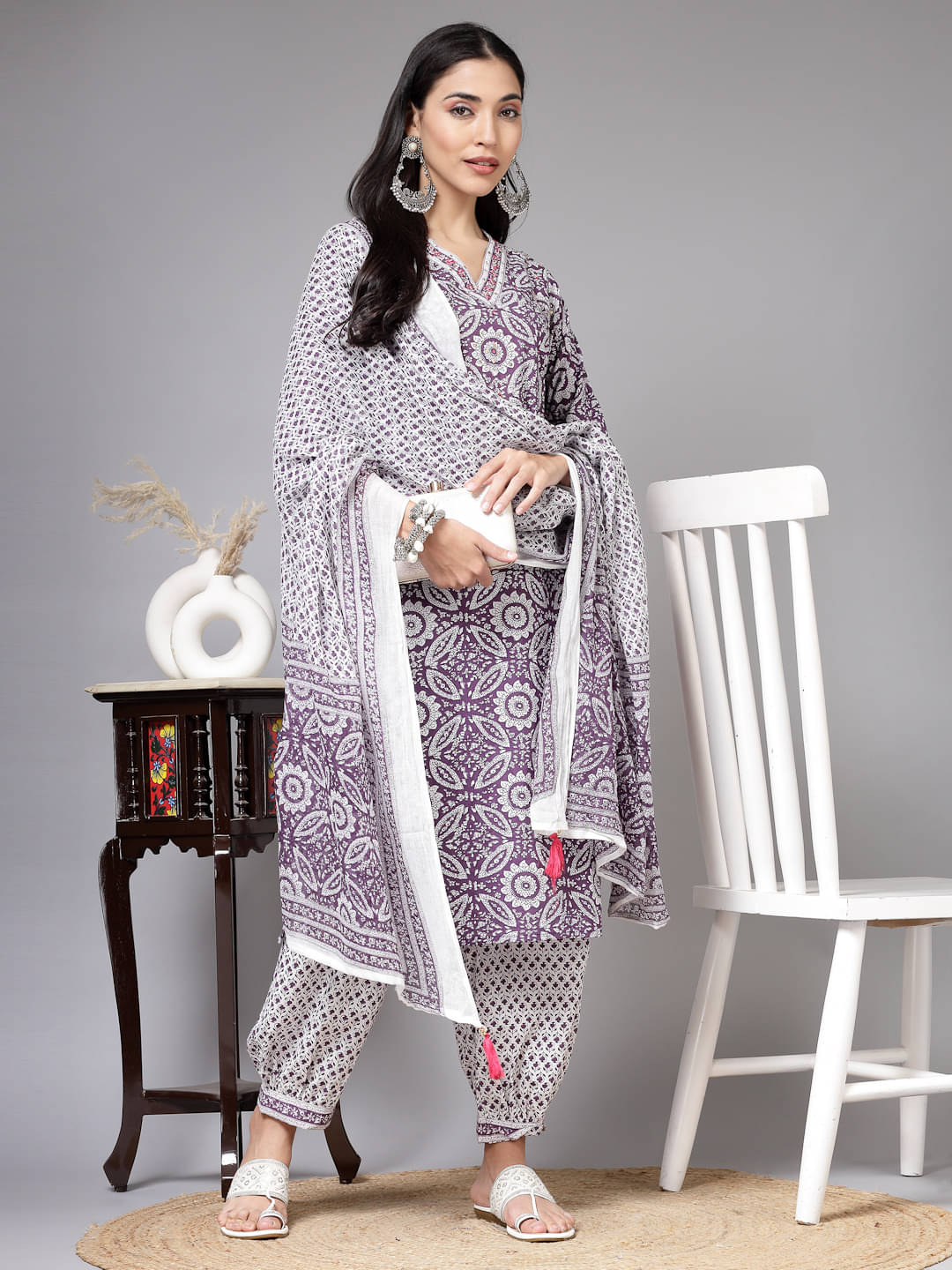 AAYUFAB Cotton Printed Kurti With Pants Women's Stitched Salwar Suit - Purple ( Pack of 1 )     			AAYUFAB Cotton Printed Kurti With Pants Women's Stitched Salwar Suit - Purple ( Pack of 1 )