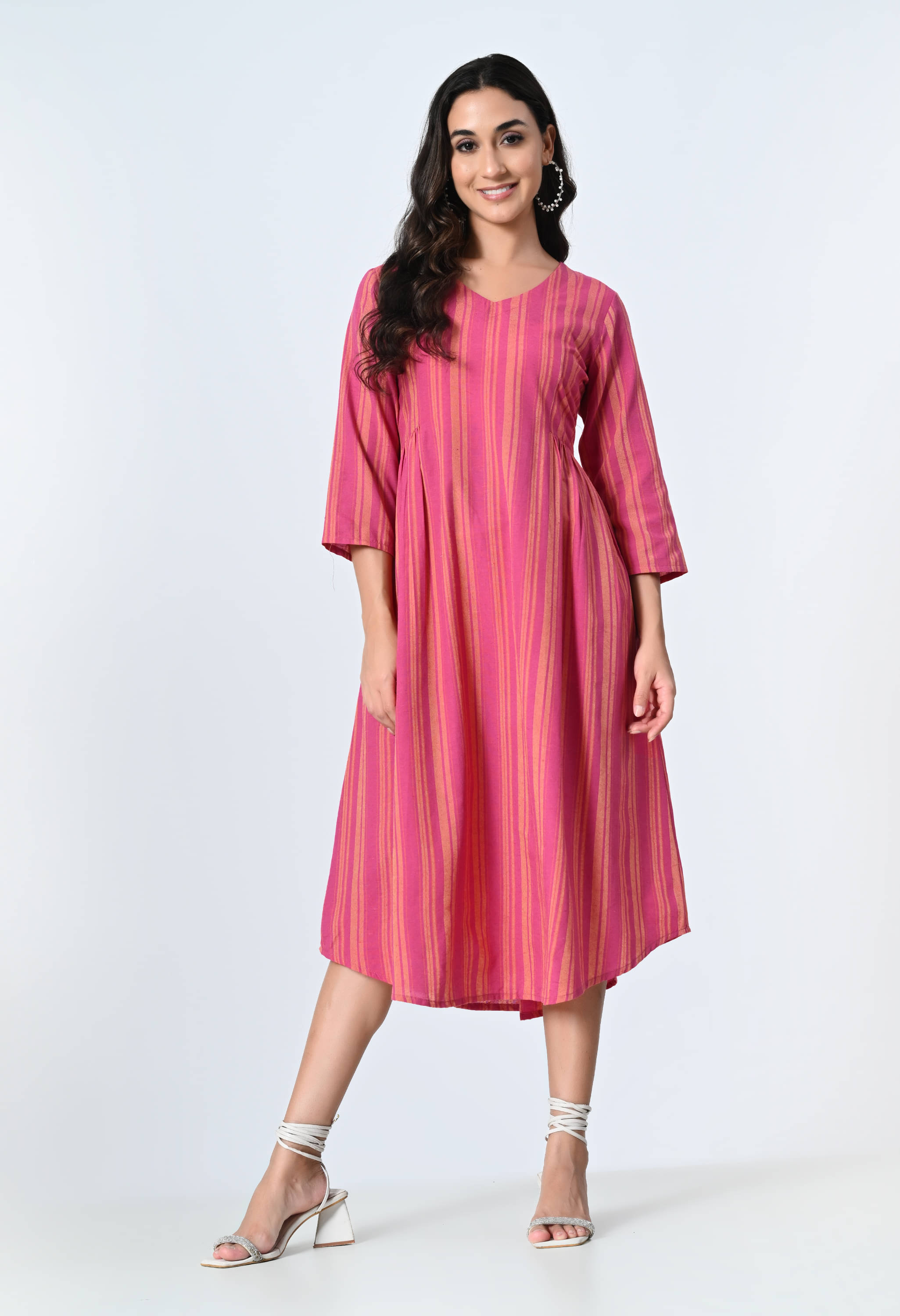 ALL WAYS YOU Cotton Blend Striped Midi Women's Fit & Flare Dress - Pink ( Pack of 1 )     			ALL WAYS YOU Cotton Blend Striped Midi Women's Fit & Flare Dress - Pink ( Pack of 1 )