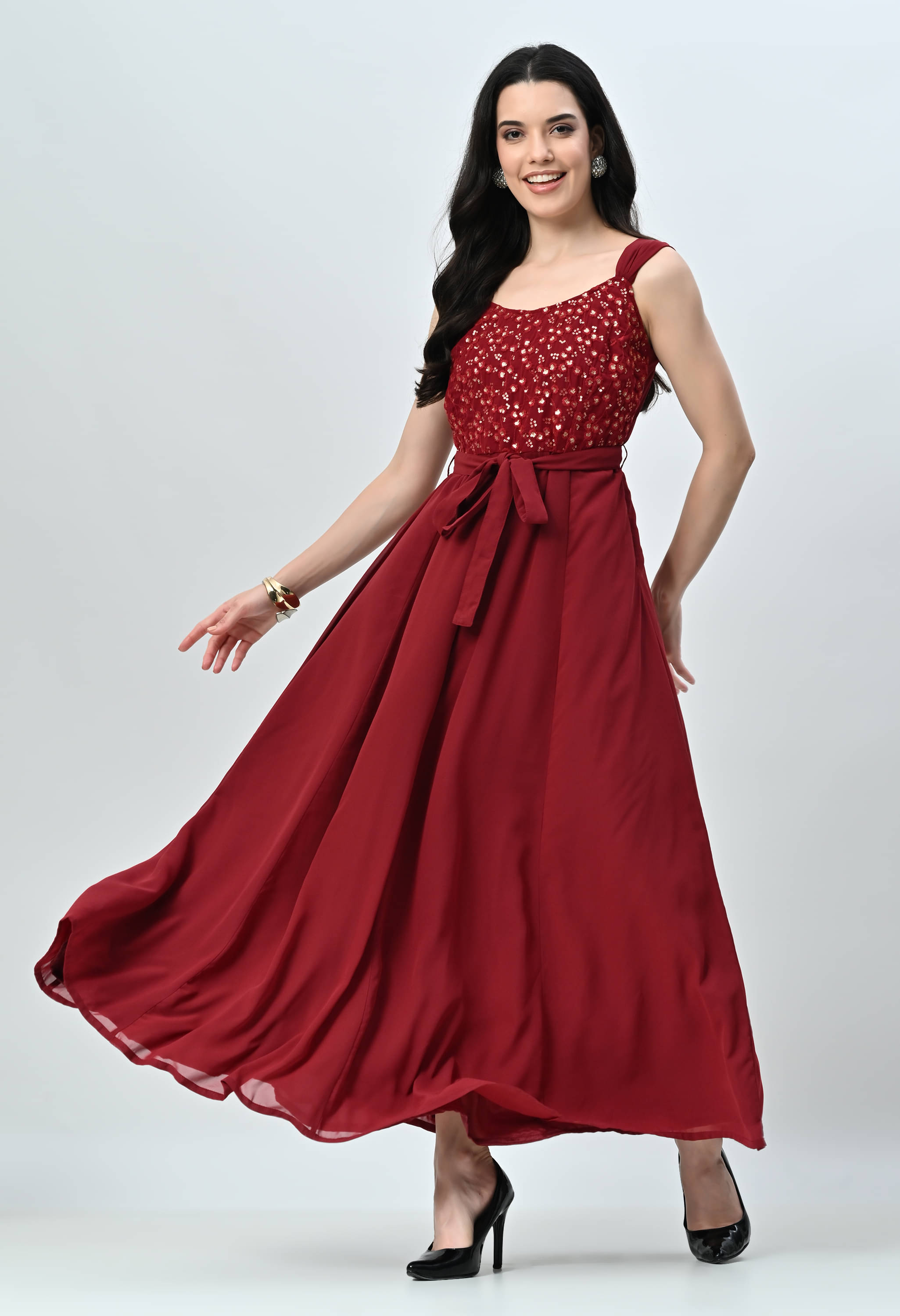     			ALL WAYS YOU Women Georgette Embellished Fit & Flare Dress ( Red )