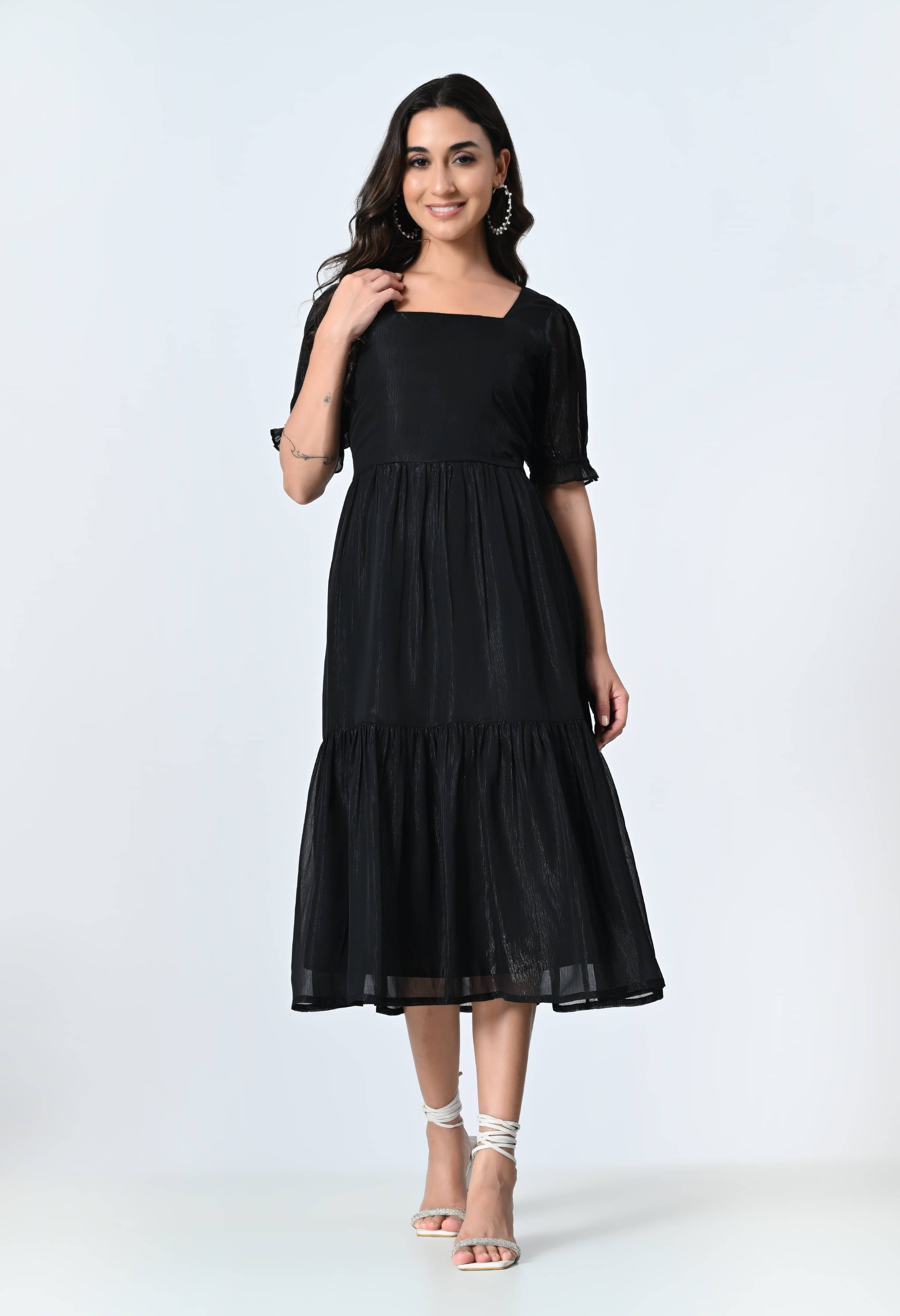     			ALL WAYS YOU Women Georgette Solid Fit & Flare Dress ( Black )