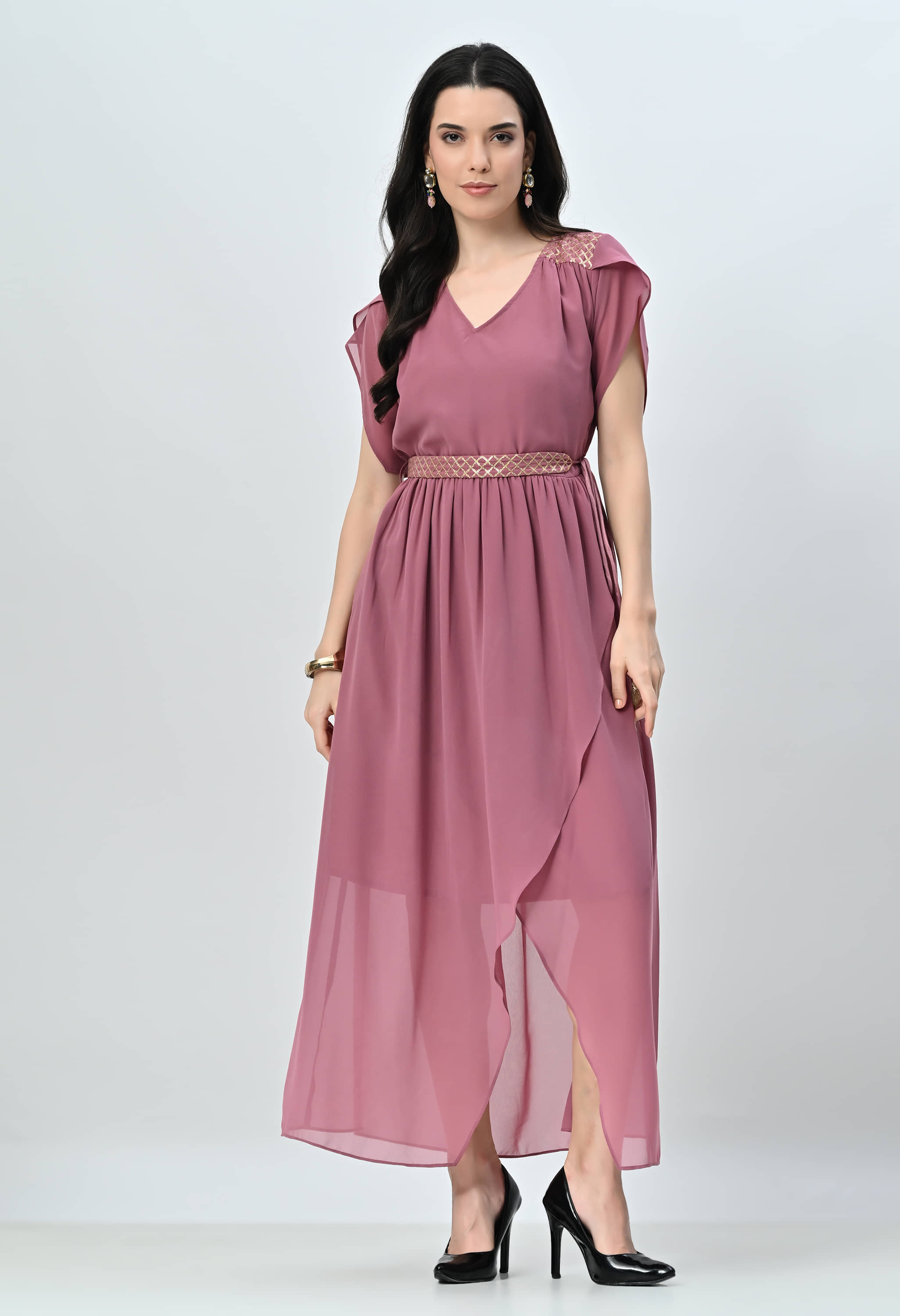 ALL WAYS YOU Women Georgette Solid Fit & Flare Dress ( Pink )