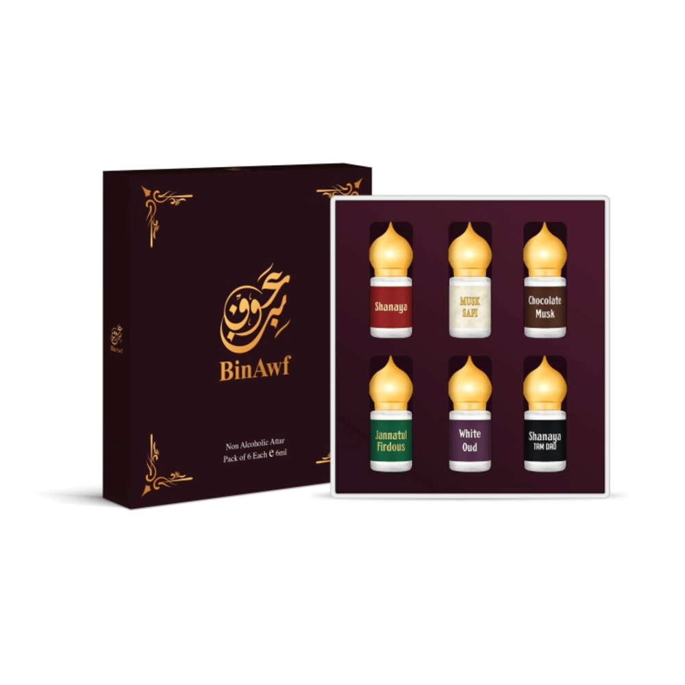     			Binawf Oud Non- Alcoholic Below 50ml Attar ( Pack of 6 )