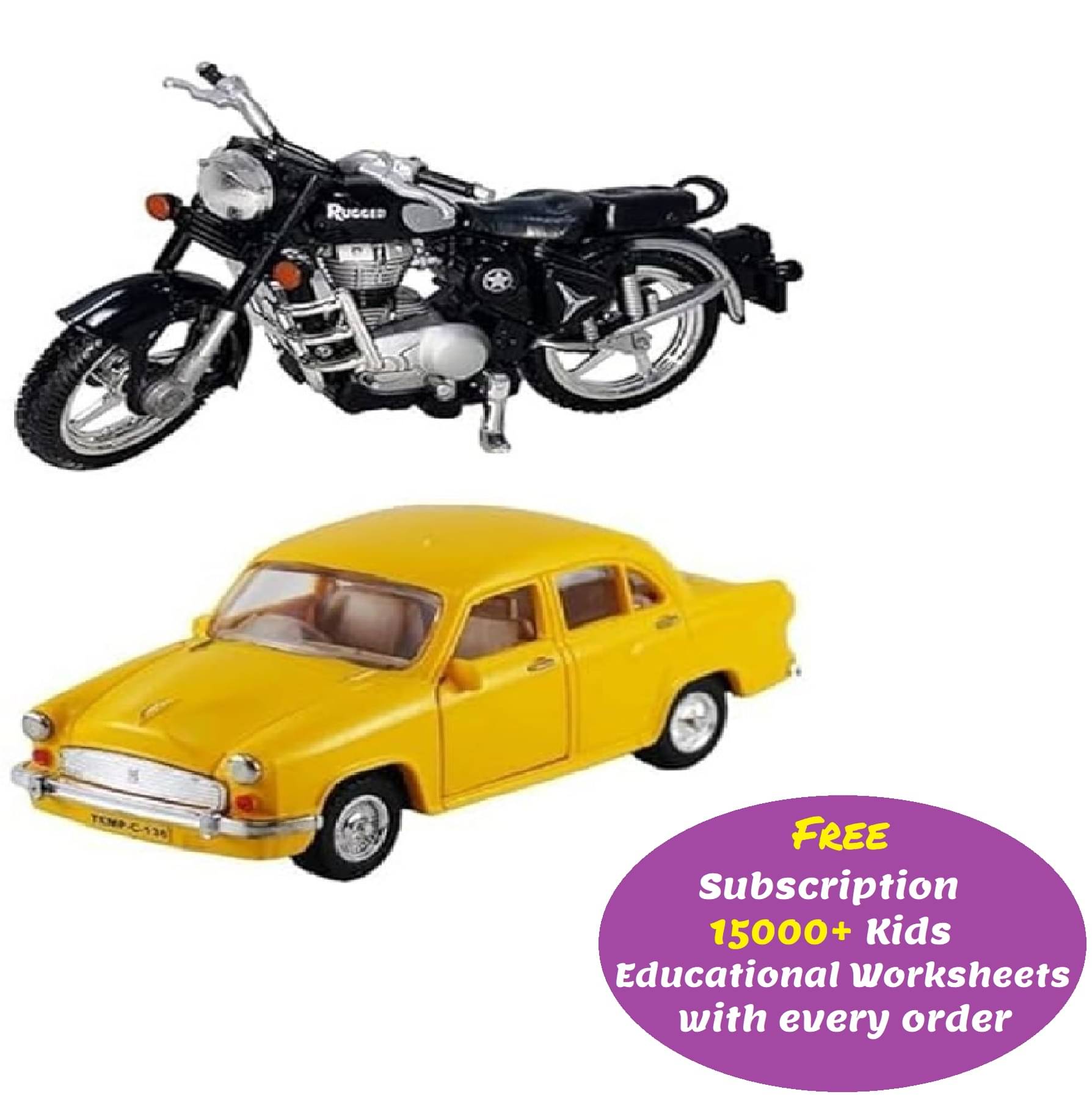 Combo of Pull Back Rugged Bike (Side Stand) & Ambassador Taxi Car (Door Openable) Toy Vehicles Combo Set (Free subscription of kids Educational worksheets) Combo of Pull Back Rugged Bike (Side Stand) & Ambassador Taxi Car (Door Openable) Toy Vehicles Combo Set (Free subscription of kids Educational worksheets)