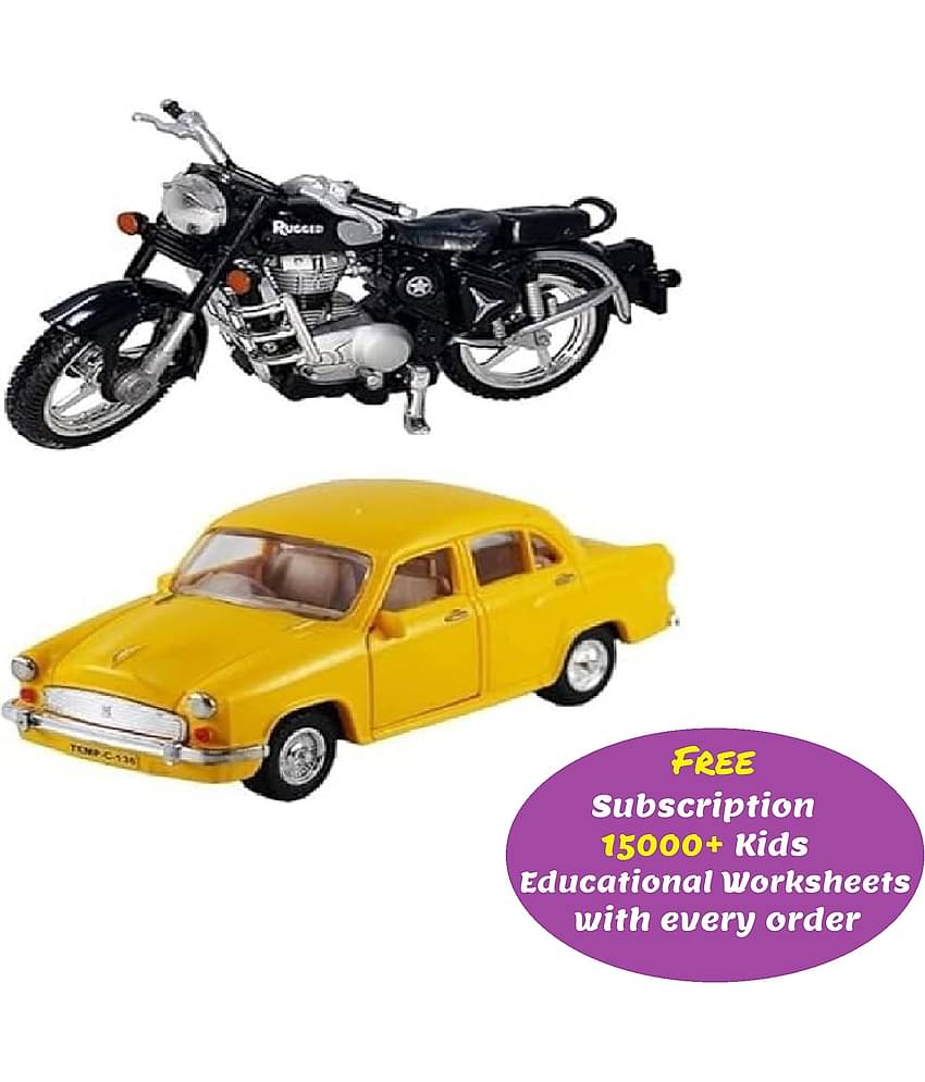 Combo of Pull Back Rugged Bike (Side Stand) & Ambassador Taxi Car (Door Openable) Toy Vehicles Combo Set (Free subscription of kids Educational worksheets)