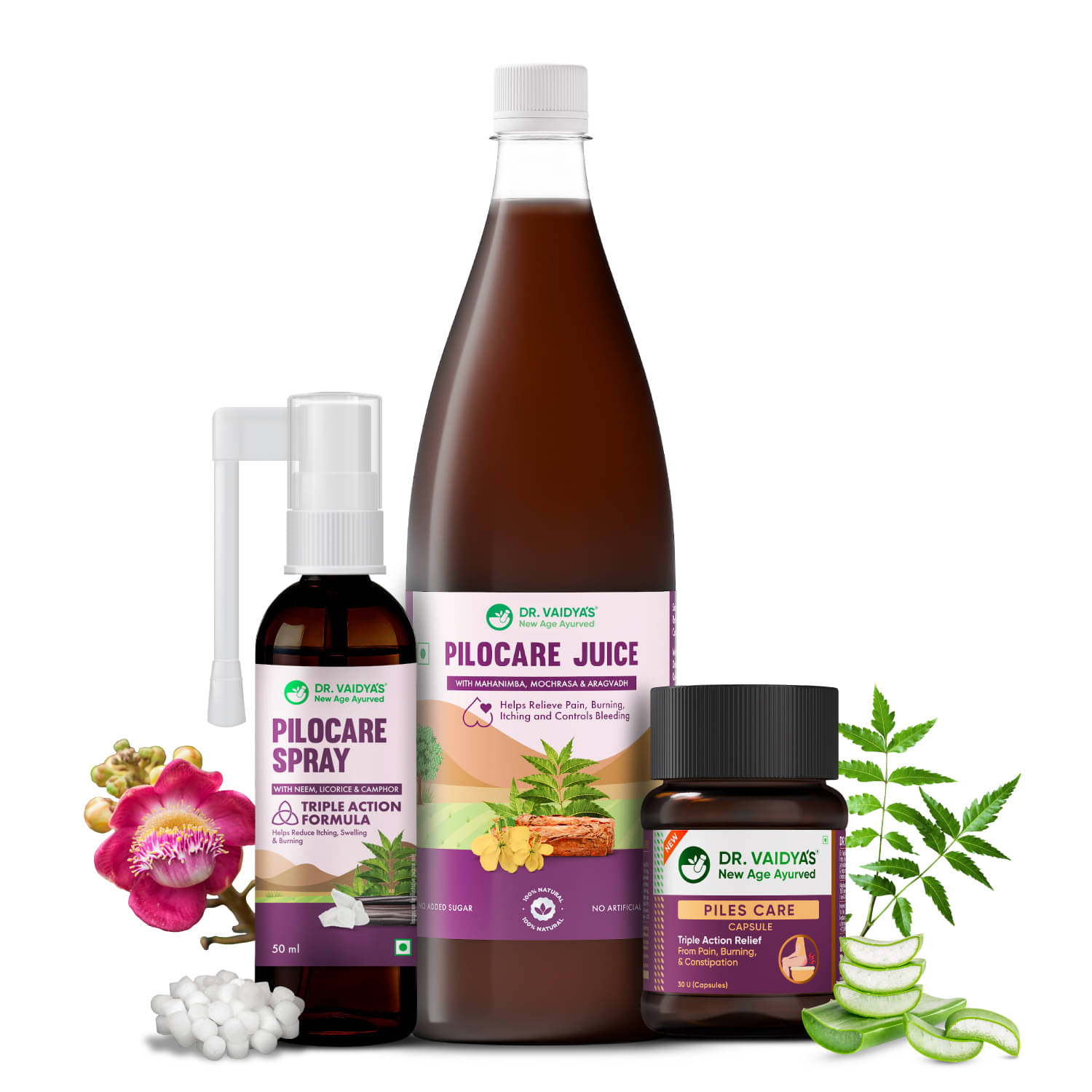     			Dr. Vaidya's Piles Relief Combo (50ml Spray + 950ml Juice + 30 Capsules)