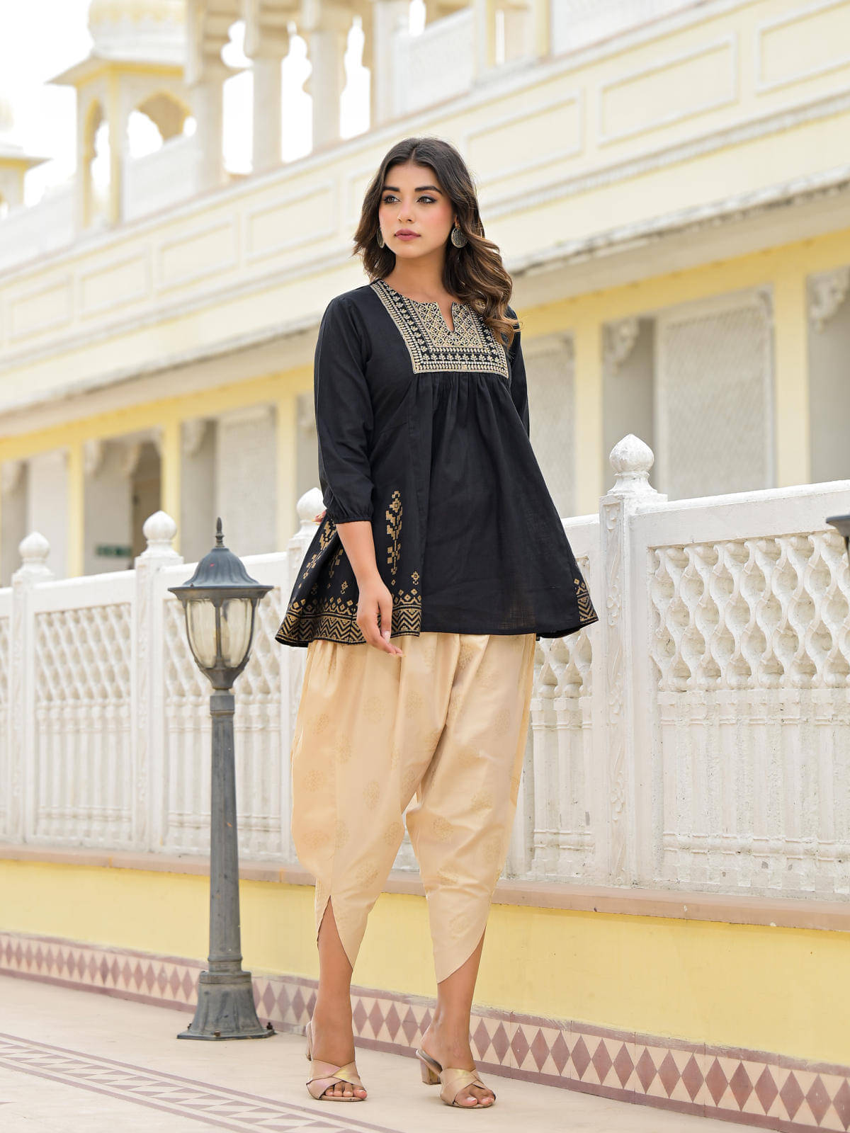 Juniper Women Cotton Printed A-line Kurti With Dhoti Pants ( Black ) Juniper Women Cotton Printed A-line Kurti With Dhoti Pants ( Black )