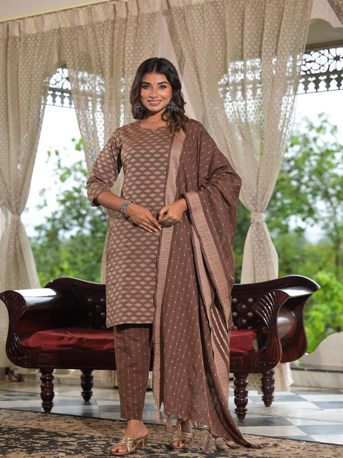    			Juniper Cotton Printed Kurti With Pants Women's Stitched Salwar Suit - Brown ( Pack of 3 )