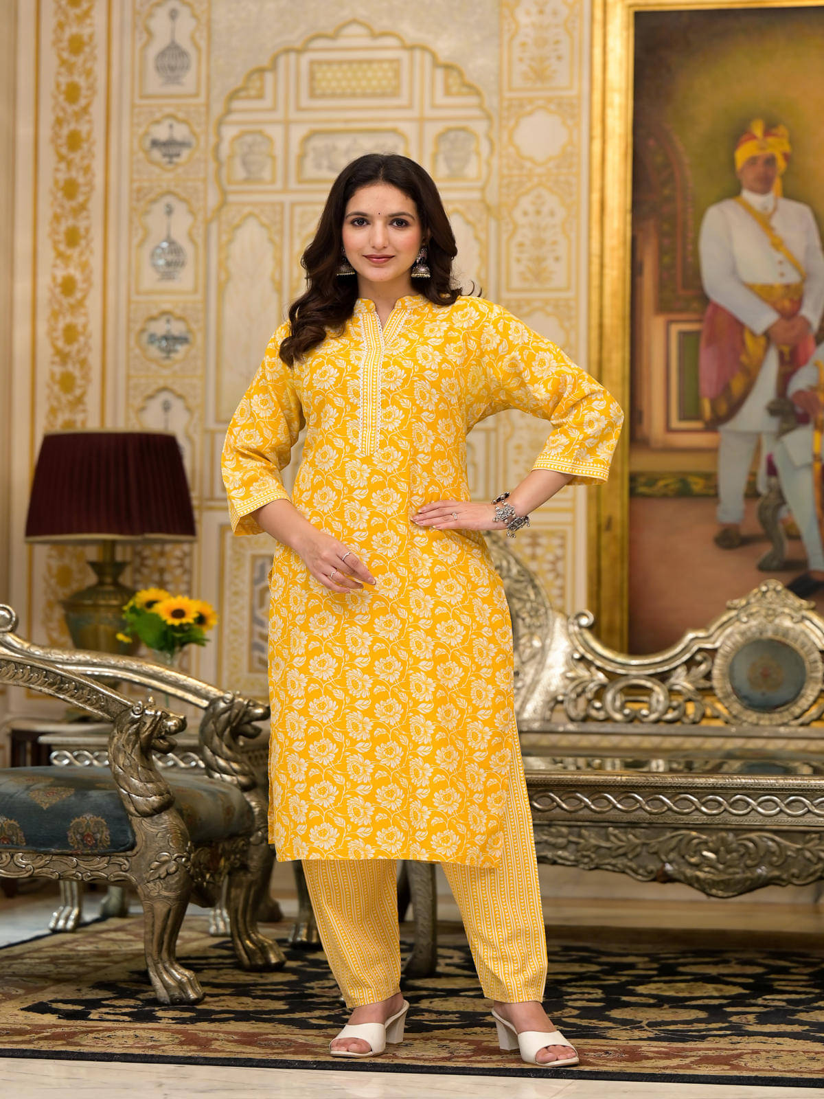     			Juniper Cotton Printed Kurti With Pants Women's Stitched Salwar Suit - Mustard ( Pack of 2 )