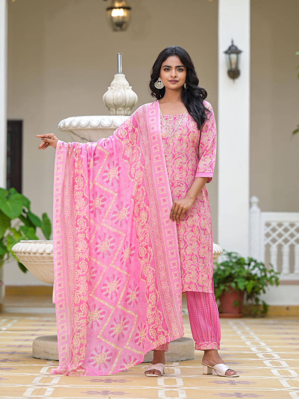     			Juniper Cotton Printed Kurti With Pants Women's Stitched Salwar Suit - Pink ( Pack of 3 )
