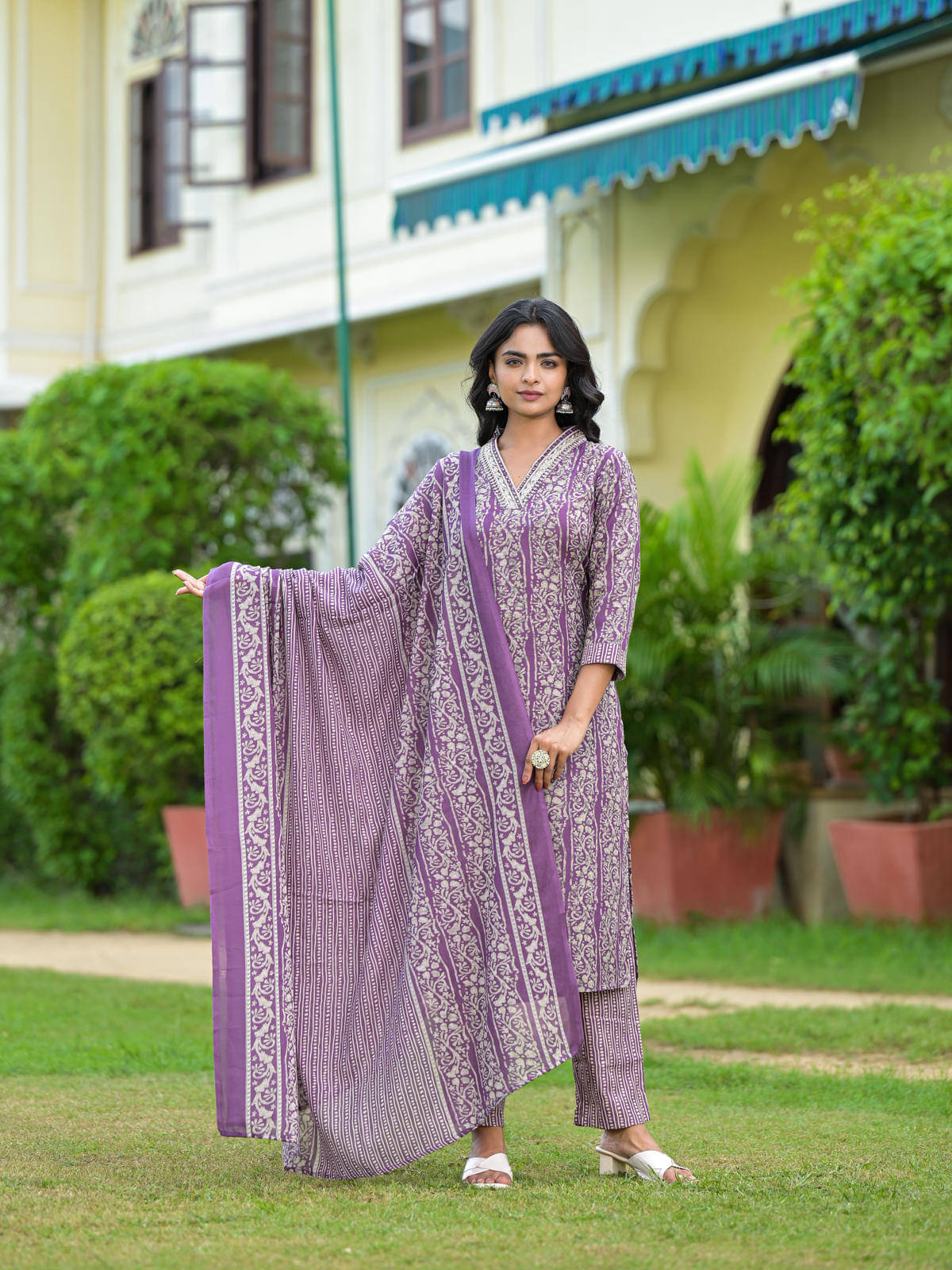 Juniper Cotton Printed Kurti With Pants Women's Stitched Salwar Suit - Purple ( Pack of 3 ) Juniper Cotton Printed Kurti With Pants Women's Stitched Salwar Suit - Purple ( Pack of 3 )
