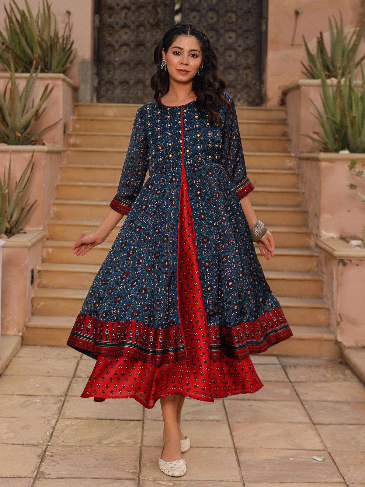     			Juniper Cotton Printed Midi Women's Fit & Flare Dress - Blue ( Pack of 1 )