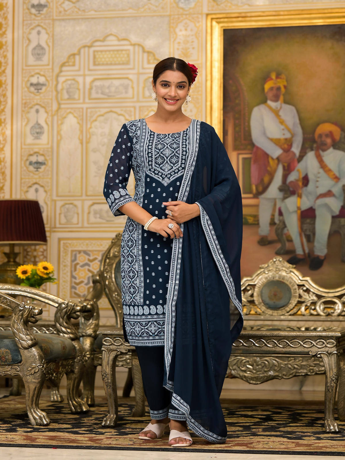 Juniper Georgette Printed Kurti With Pants Women's Stitched Salwar Suit - Navy ( Pack of 3 ) Juniper Georgette Printed Kurti With Pants Women's Stitched Salwar Suit - Navy ( Pack of 3 )