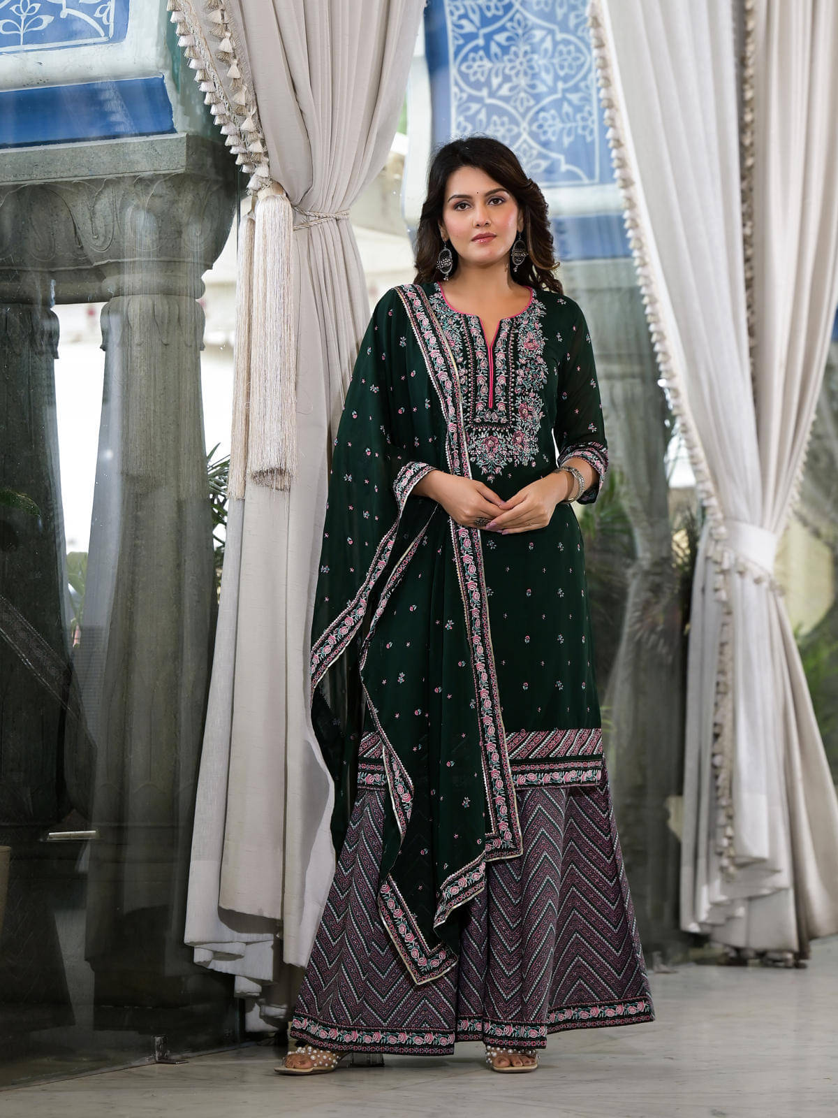 Juniper Georgette Printed Kurti With Sharara And Gharara Women's Stitched Salwar Suit - Green ( Pack of 3 )     			Juniper Georgette Printed Kurti With Sharara And Gharara Women's Stitched Salwar Suit - Green ( Pack of 3 )