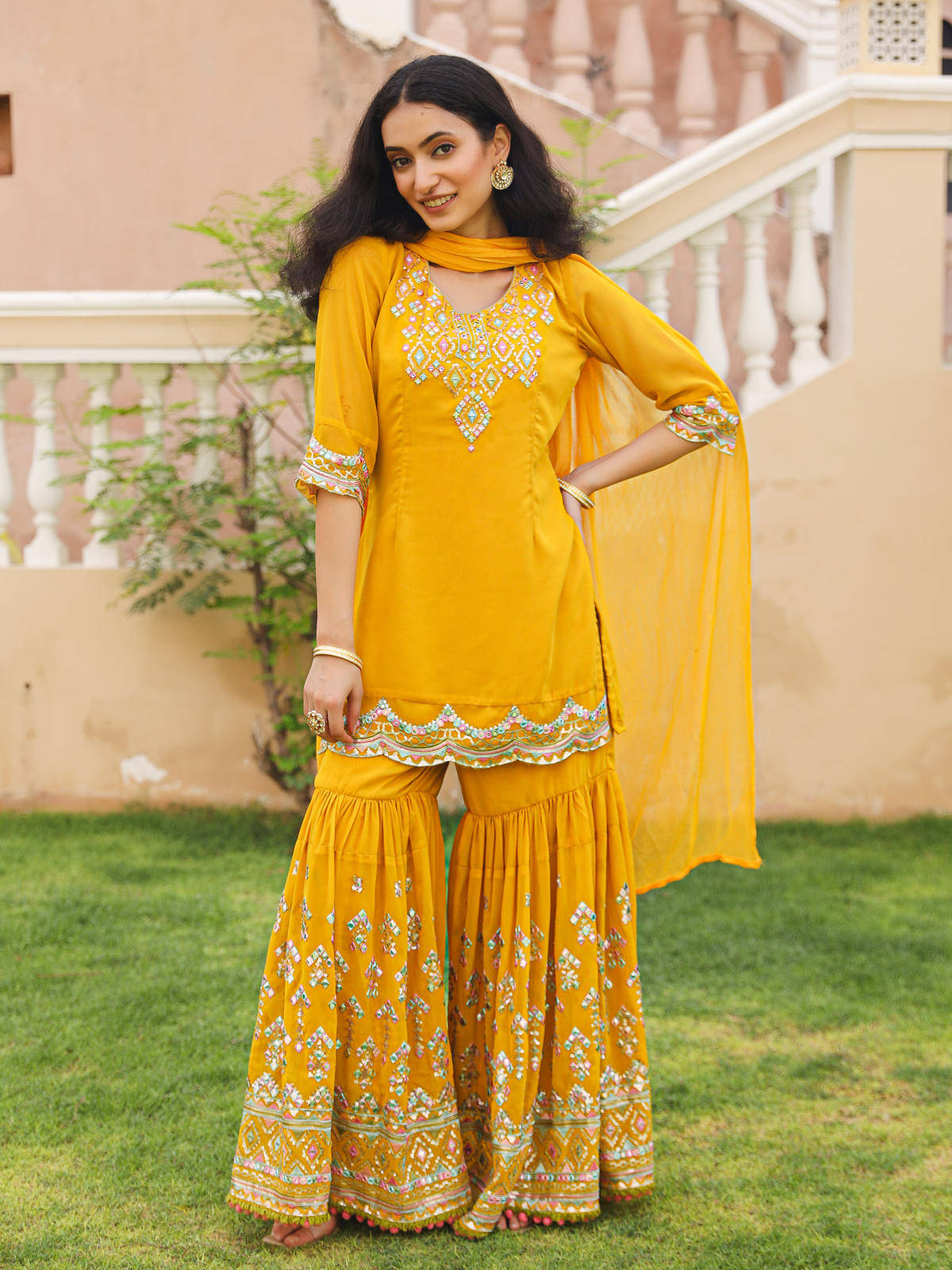     			Juniper Georgette Solid Kurti With Sharara And Gharara Women's Stitched Salwar Suit - Mustard ( Pack of 3 )