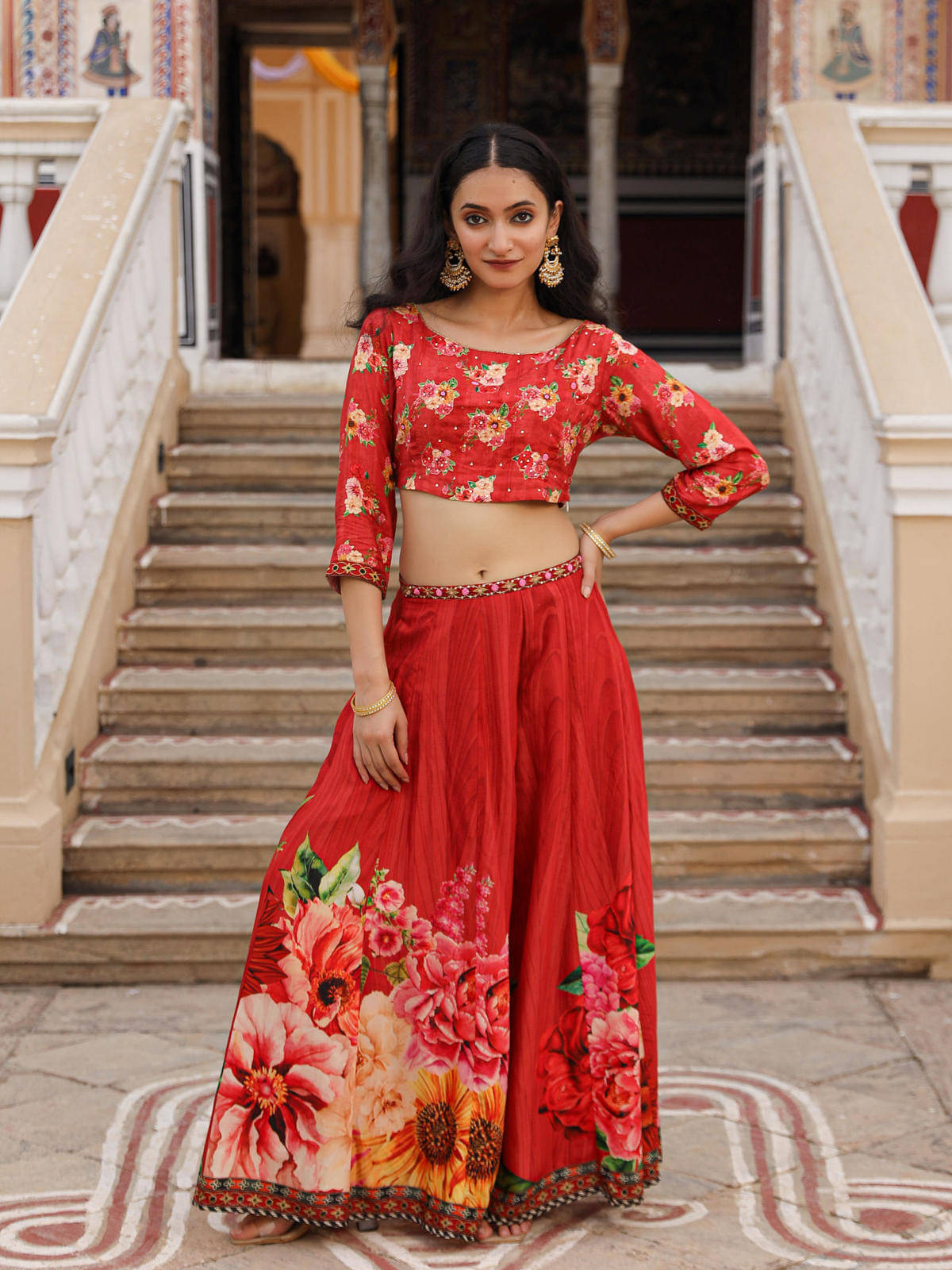     			Juniper Women Printed Top With Palazzos Co-Ord Set ( Rust )