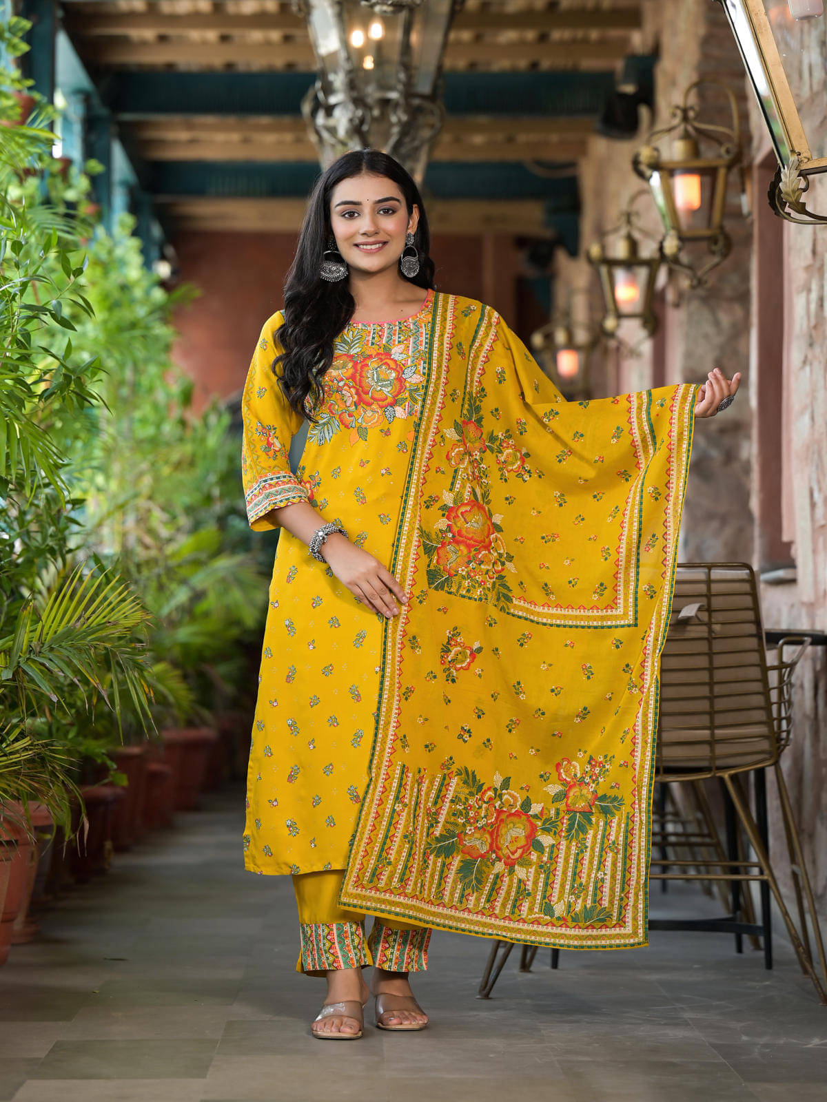     			Juniper Rayon Printed Kurti With Pants Women's Stitched Salwar Suit - Mustard ( Pack of 3 )