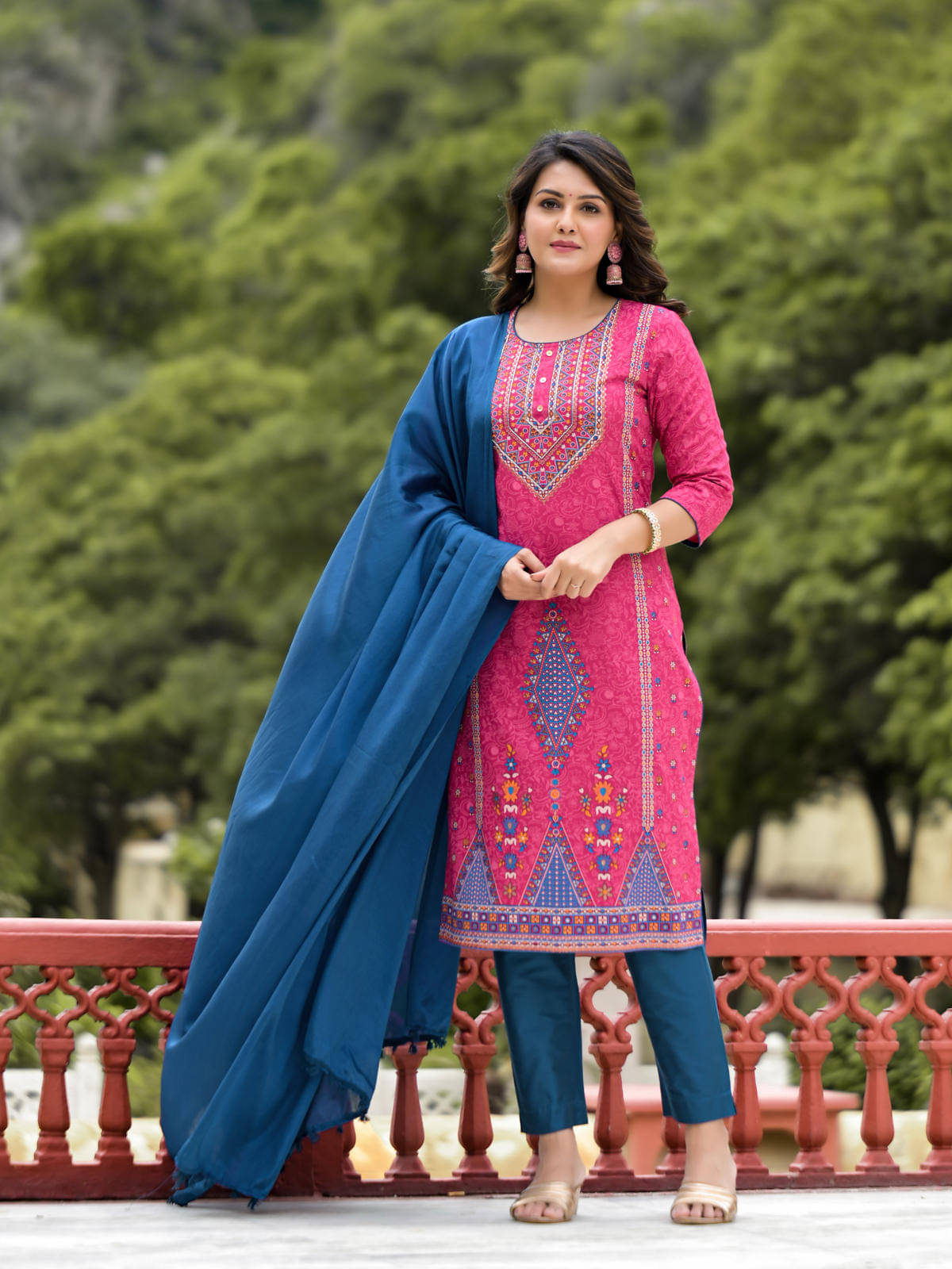     			Juniper Rayon Printed Kurti With Pants Women's Stitched Salwar Suit - Pink ( Pack of 3 )