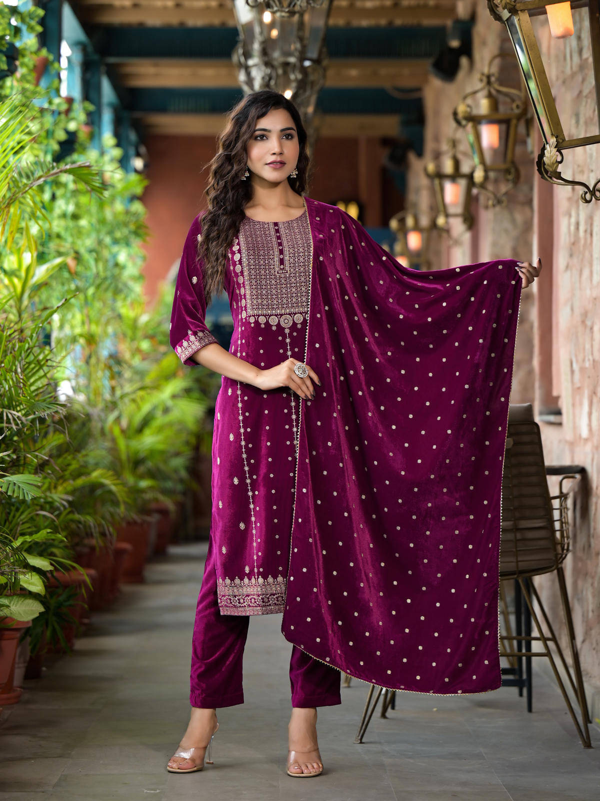Juniper Velvet Printed Kurti With Pants Women's Stitched Salwar Suit - Wine ( Pack of 3 ) Juniper Velvet Printed Kurti With Pants Women's Stitched Salwar Suit - Wine ( Pack of 3 )