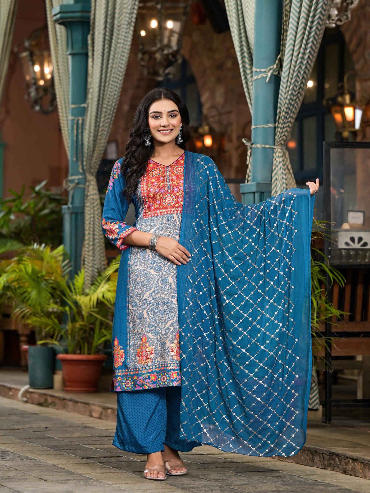     			Juniper Viscose Printed Kurti With Pants Women's Stitched Salwar Suit - Blue ( Pack of 3 )