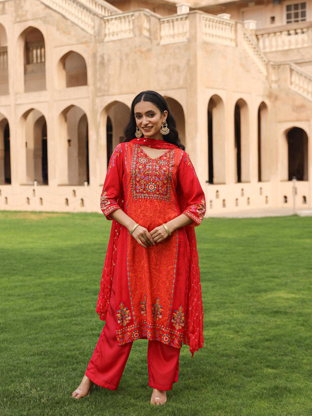     			Juniper Viscose Printed Kurti With Pants Women's Stitched Salwar Suit - Orange ( Pack of 3 )
