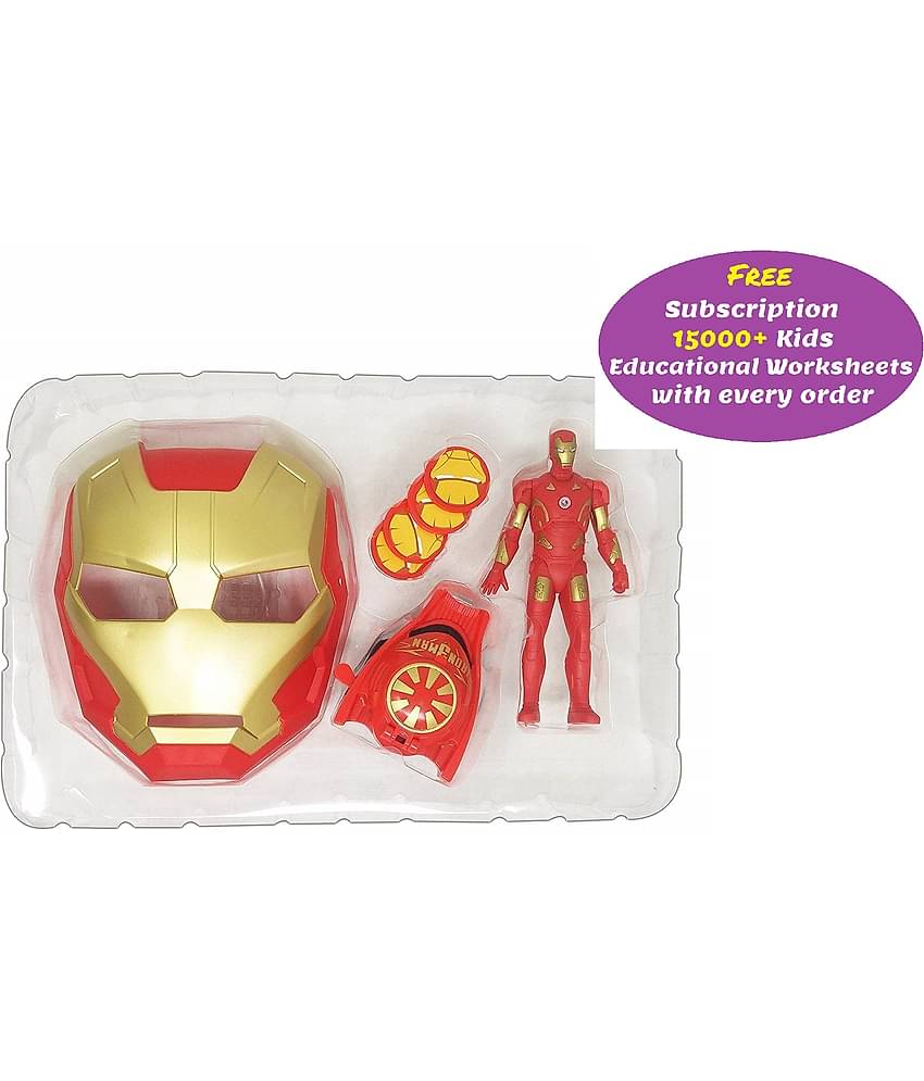 Kidsaholic Avenger 3 in 1 Set- Face Wearable , Figure and Arm wearable Disk Shooter(Random ) (Multicolor) (Free subscription of kids Educational worksheets)