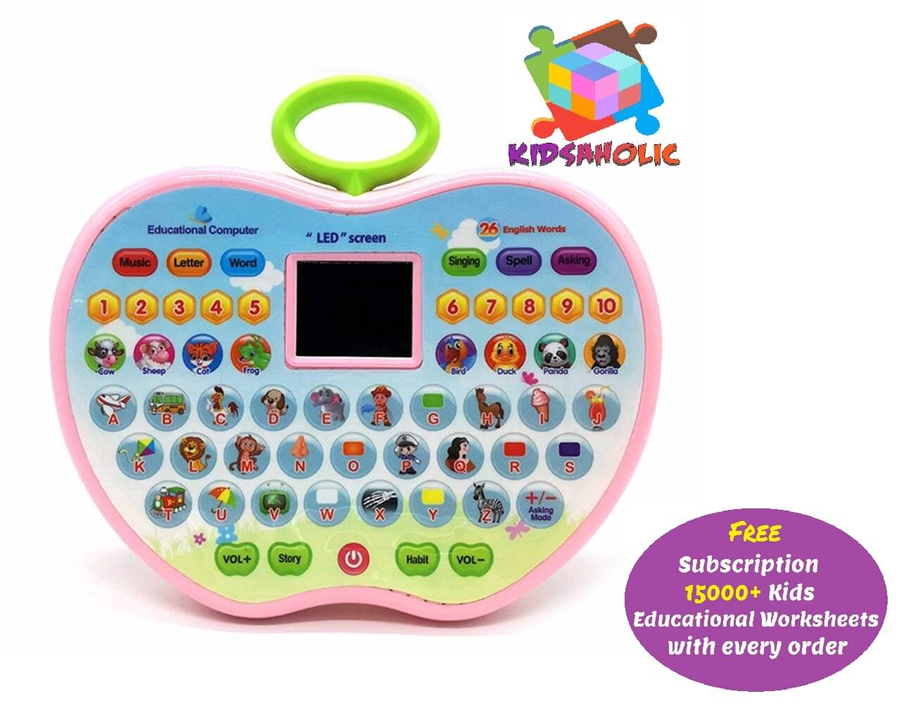     			Kidsaholic Fruit Shape Educational Computer Toy for Kids LED Display and Fun Music for Learning Alphabets Numbers Words and Animals(Free subscription of kids Educational worksheets)