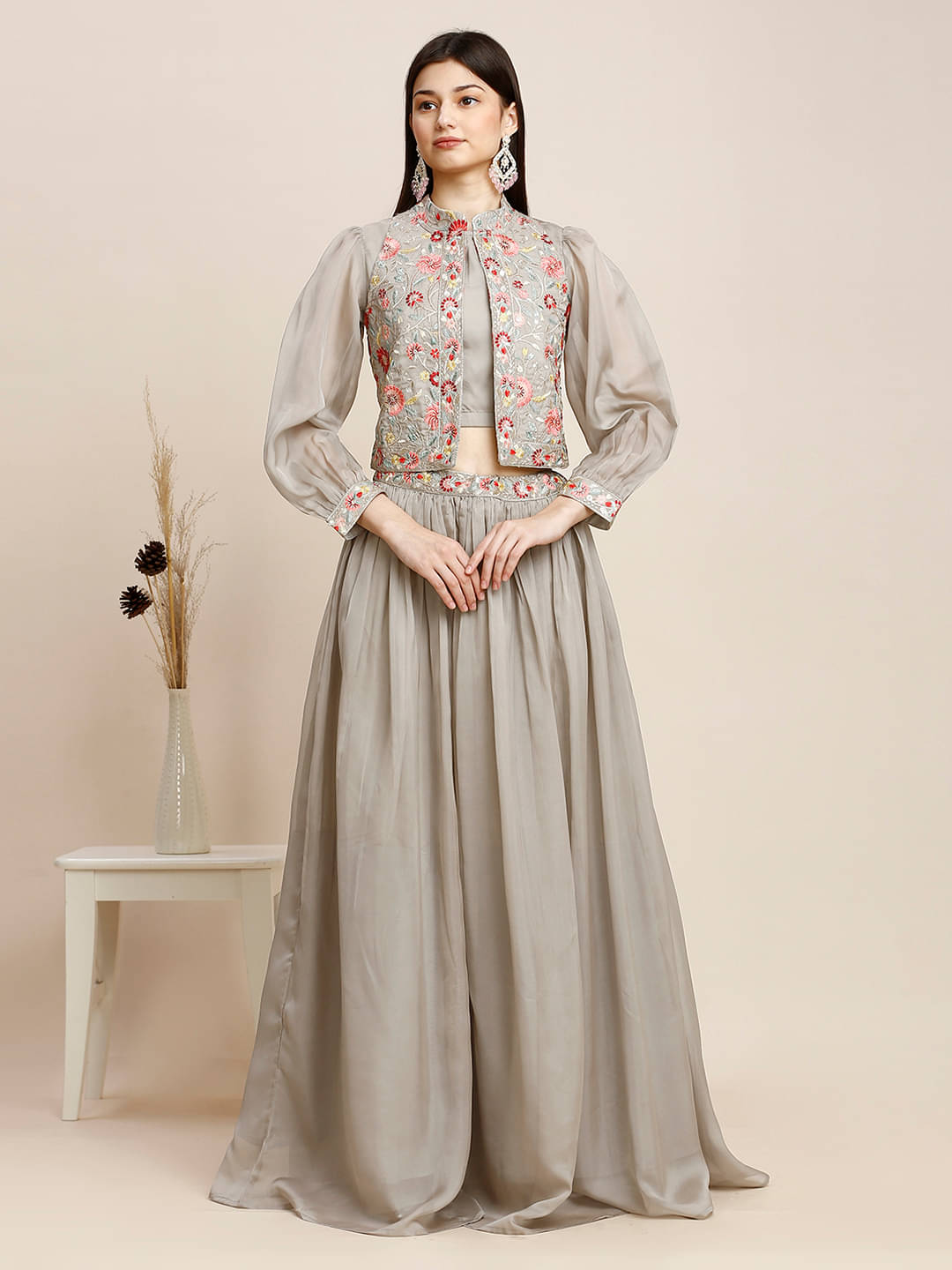     			Madhuram Textiles Grey Organza Chaniya Choli Stitched Lehenga Single