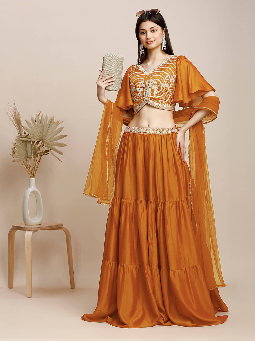 Madhuram Textiles Orange Crepe Chaniya Choli Stitched Lehenga Single