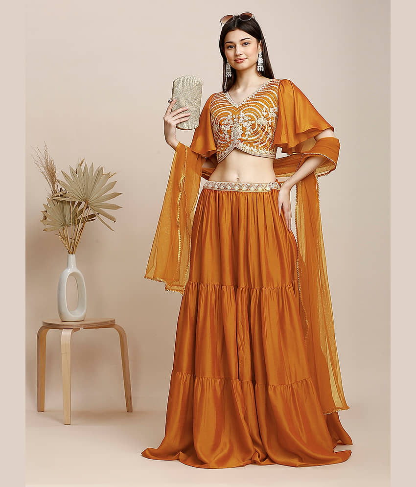 Madhuram Textiles Orange Crepe Chaniya Choli Stitched Lehenga Single