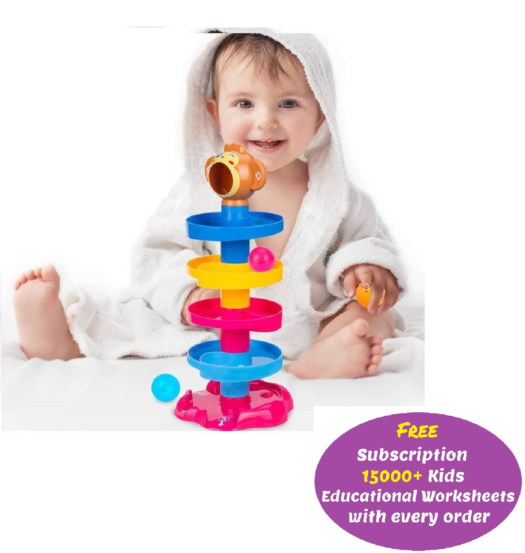     			Monkey Heavy Plastic Ball Drop Toy for Babies and Toddlers | New 5 Layer Tower Run with Swirling Ramps and 3 Puzzle Rattle Balls, Best Educational Development Toy (Multicolor) (Free subscription of kids Educational worksheets)