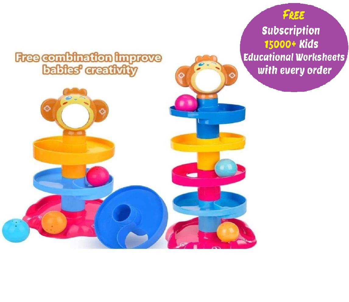     			Monkey Heavy Plastic Ball Drop Toy for Babies and Toddlers | New 5 Layer Tower Run with Swirling Ramps and 3 Puzzle Rattle Balls (Free subscription of kids Educational worksheets)