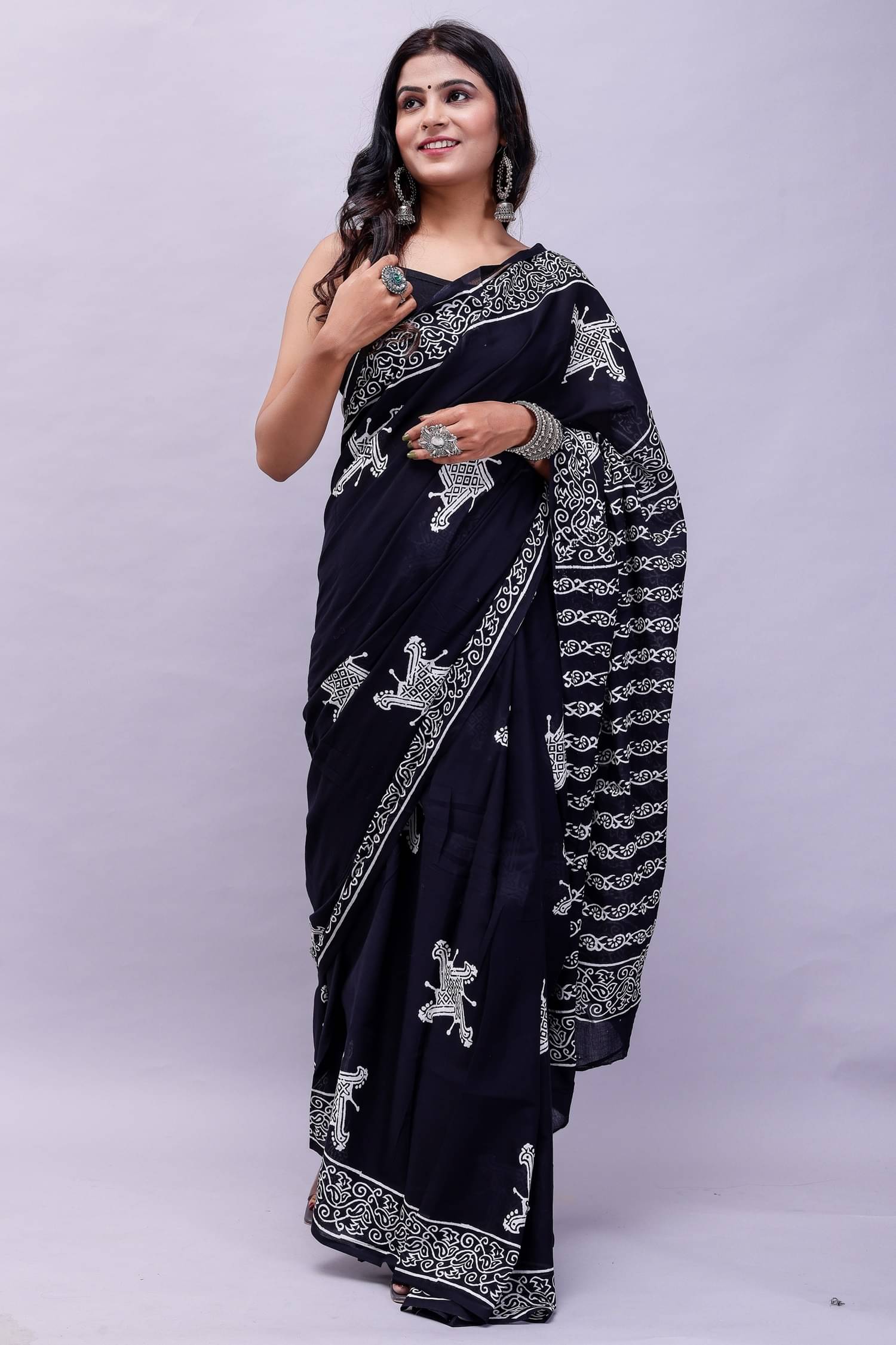     			NOITAERCPR Cotton Printed Saree With Unstitched Blouse Piece ( Black )