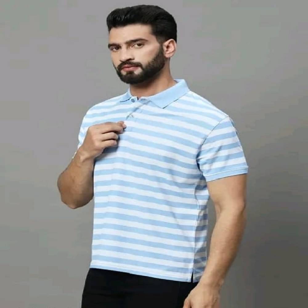     			NOWT Pack of 1 Cotton Blend Regular Fit Striped Half Sleeves Men's Polo T Shirt ( Blue )