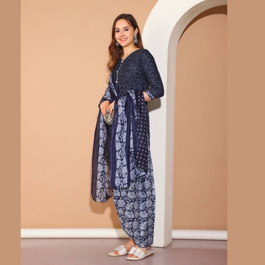    			Rajnandini Women Cotton Blend Printed Straight Kurti With Patiala Salwar ( Blue )