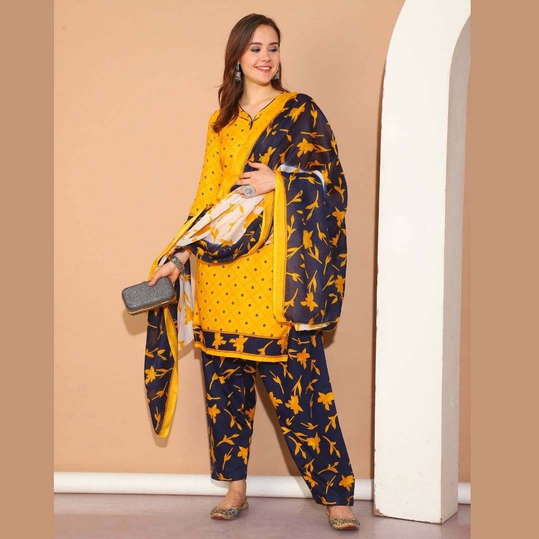 Rajnandini Women Cotton Blend Printed Straight Kurti With Patiala Salwar ( Mustard ) Rajnandini Women Cotton Blend Printed Straight Kurti With Patiala Salwar ( Mustard )