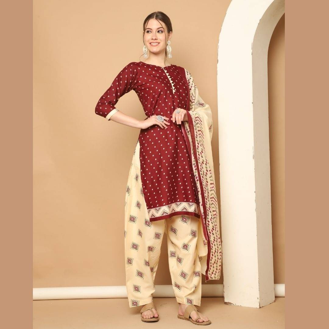 Rajnandini Women Cotton Blend Printed Straight Kurti With Patiala Salwar ( Maroon ) Rajnandini Women Cotton Blend Printed Straight Kurti With Patiala Salwar ( Maroon )