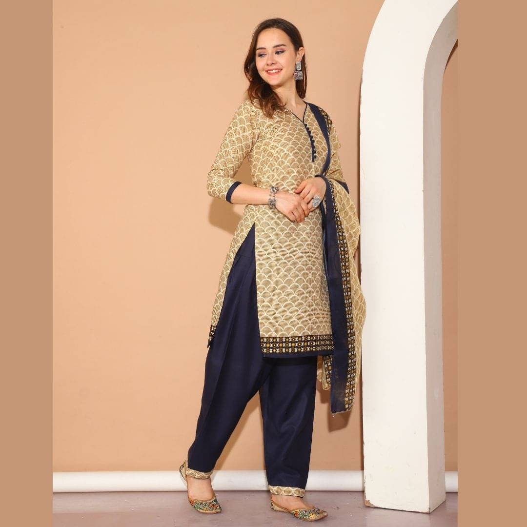     			Rajnandini Women Cotton Blend Printed Straight Kurti With Patiala Salwar ( Beige )