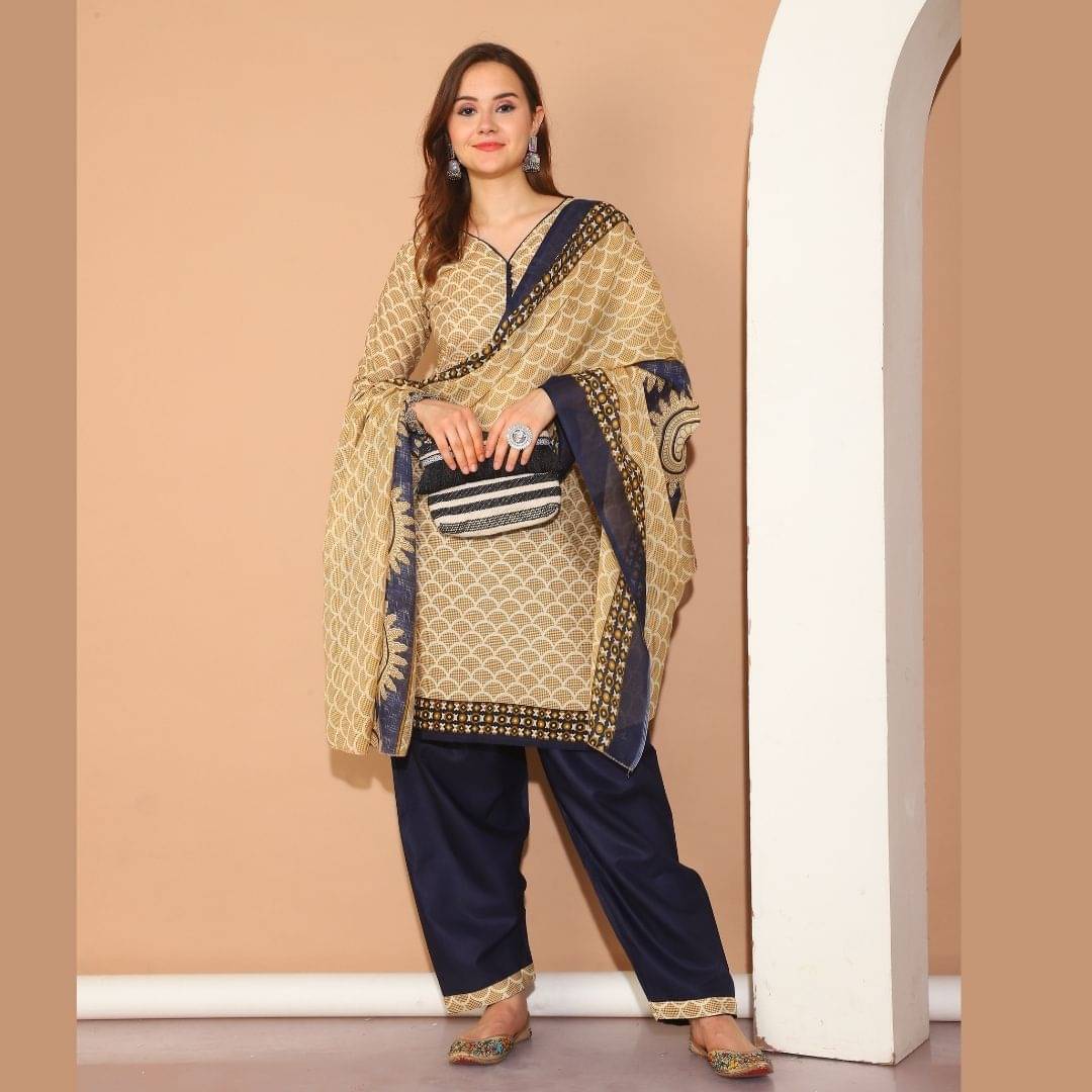     			Rajnandini Women Cotton Blend Printed Straight Kurti With Patiala Salwar ( Beige )