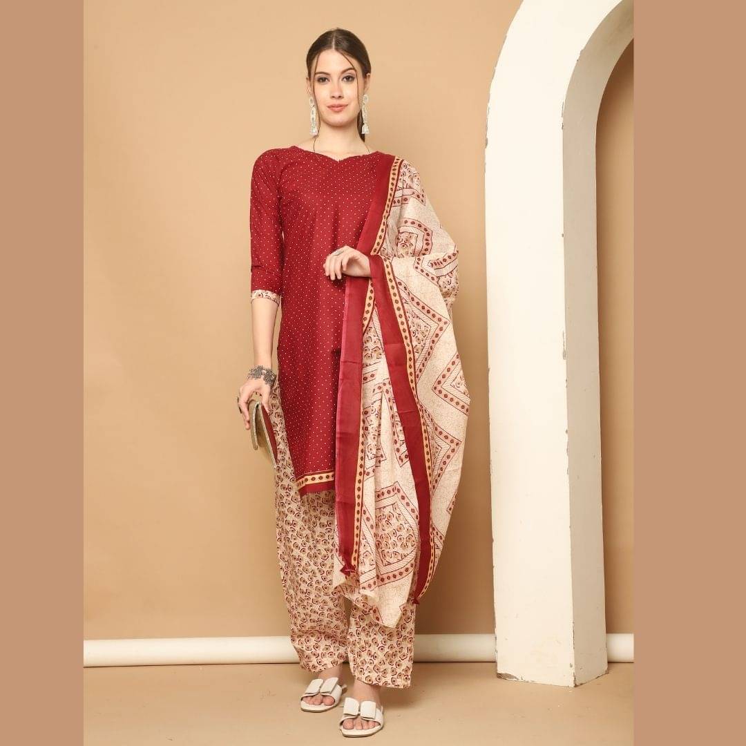 Rajnandini Women Cotton Blend Printed Straight Kurti With Patiala Salwar ( Maroon )     			Rajnandini Women Cotton Blend Printed Straight Kurti With Patiala Salwar ( Maroon )