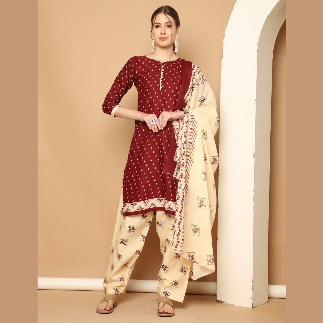 Rajnandini Women Cotton Blend Printed Straight Kurti With Patiala Salwar ( Maroon ) Rajnandini Women Cotton Blend Printed Straight Kurti With Patiala Salwar ( Maroon )