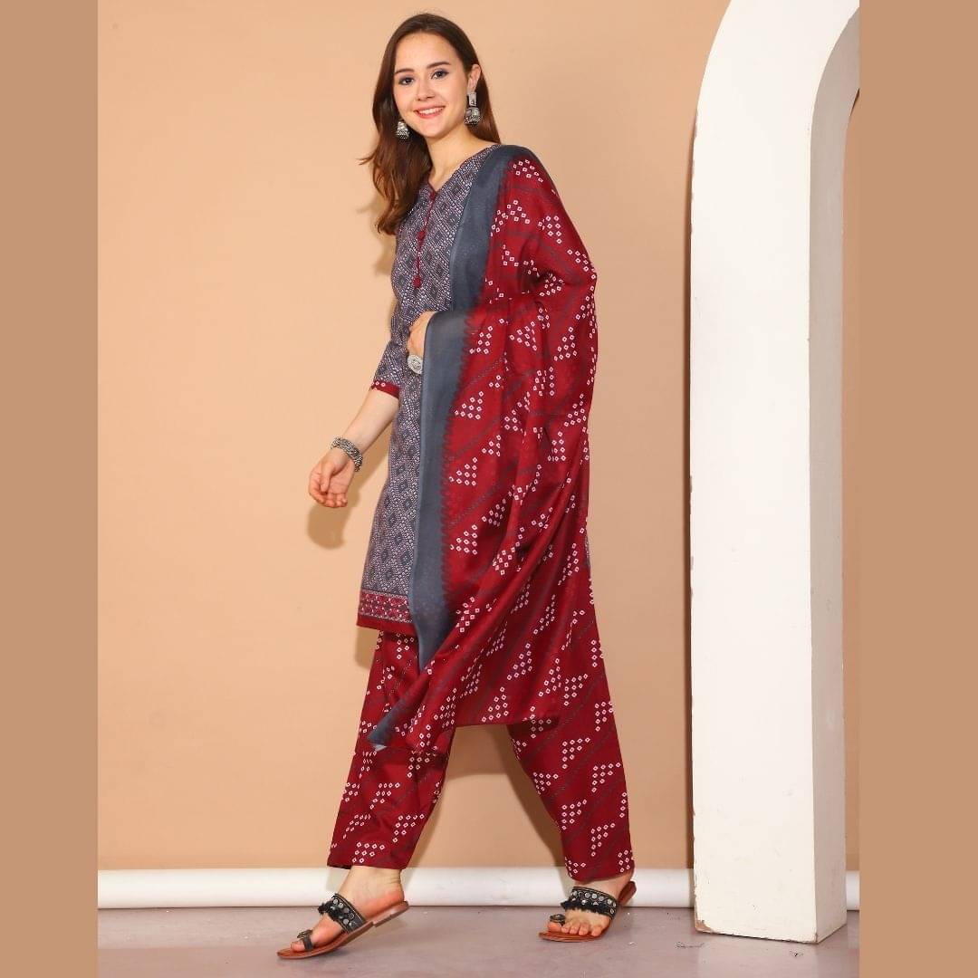 Rajnandini Women Cotton Blend Printed Straight Kurti With Patiala Salwar ( Grey )     			Rajnandini Women Cotton Blend Printed Straight Kurti With Patiala Salwar ( Grey )