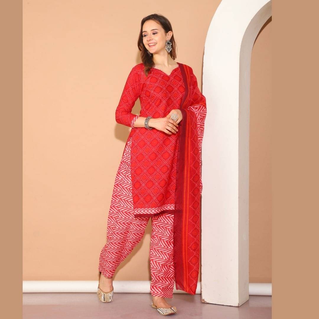     			Rajnandini Women Cotton Blend Printed Straight Kurti With Patiala Salwar ( Maroon )