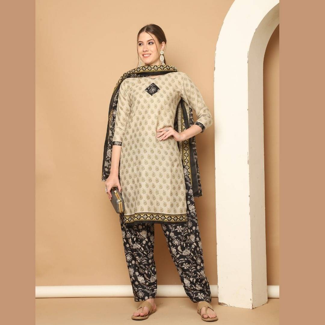     			Rajnandini Women Cotton Blend Printed Straight Kurti With Patiala Salwar ( Beige )