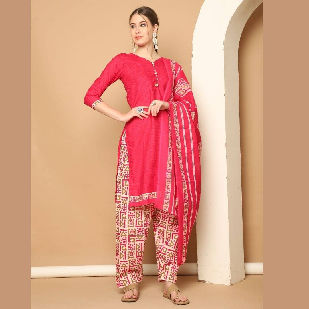 Rajnandini Women Cotton Blend Printed Straight Kurti With Patiala Salwar ( Pink ) Rajnandini Women Cotton Blend Printed Straight Kurti With Patiala Salwar ( Pink )