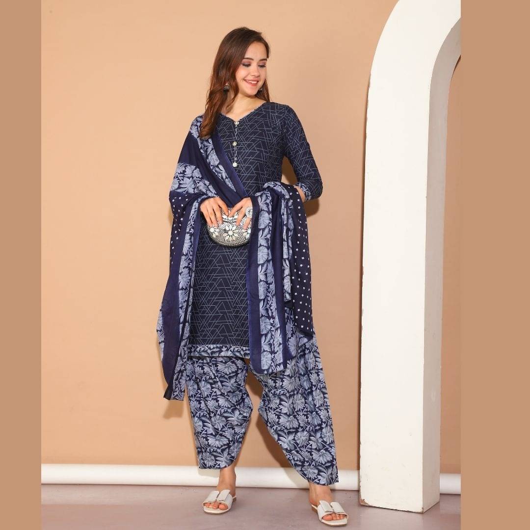     			Rajnandini Women Cotton Blend Printed Straight Kurti With Patiala Salwar ( Blue )