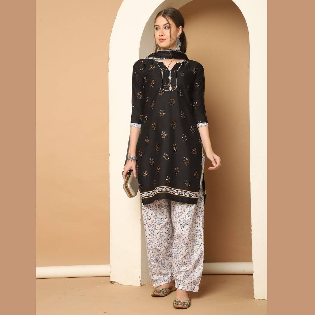 Rajnandini Women Cotton Blend Printed Straight Kurti With Patiala Salwar ( Black ) Rajnandini Women Cotton Blend Printed Straight Kurti With Patiala Salwar ( Black )