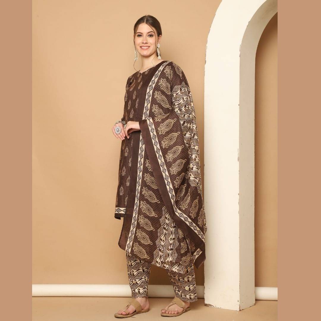 Rajnandini Women Cotton Blend Printed Straight Kurti With Patiala Salwar ( Brown ) Rajnandini Women Cotton Blend Printed Straight Kurti With Patiala Salwar ( Brown )