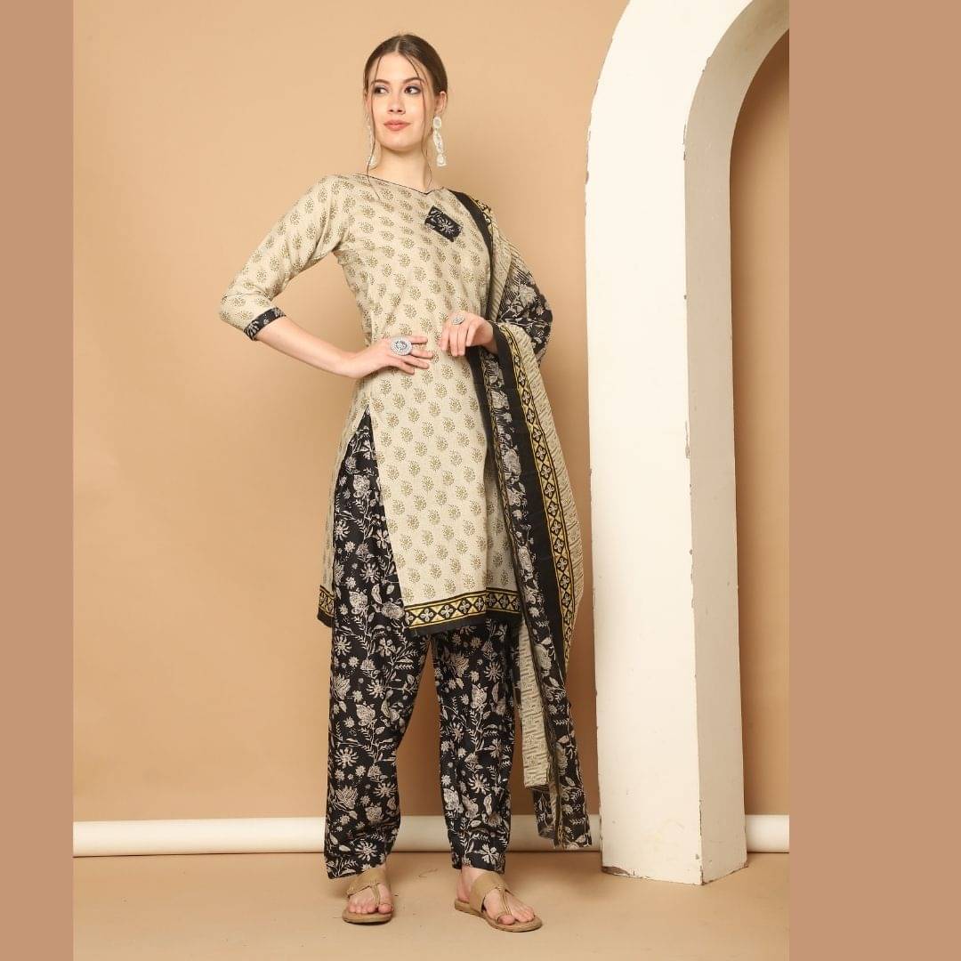     			Rajnandini Women Cotton Blend Printed Straight Kurti With Patiala Salwar ( Beige )