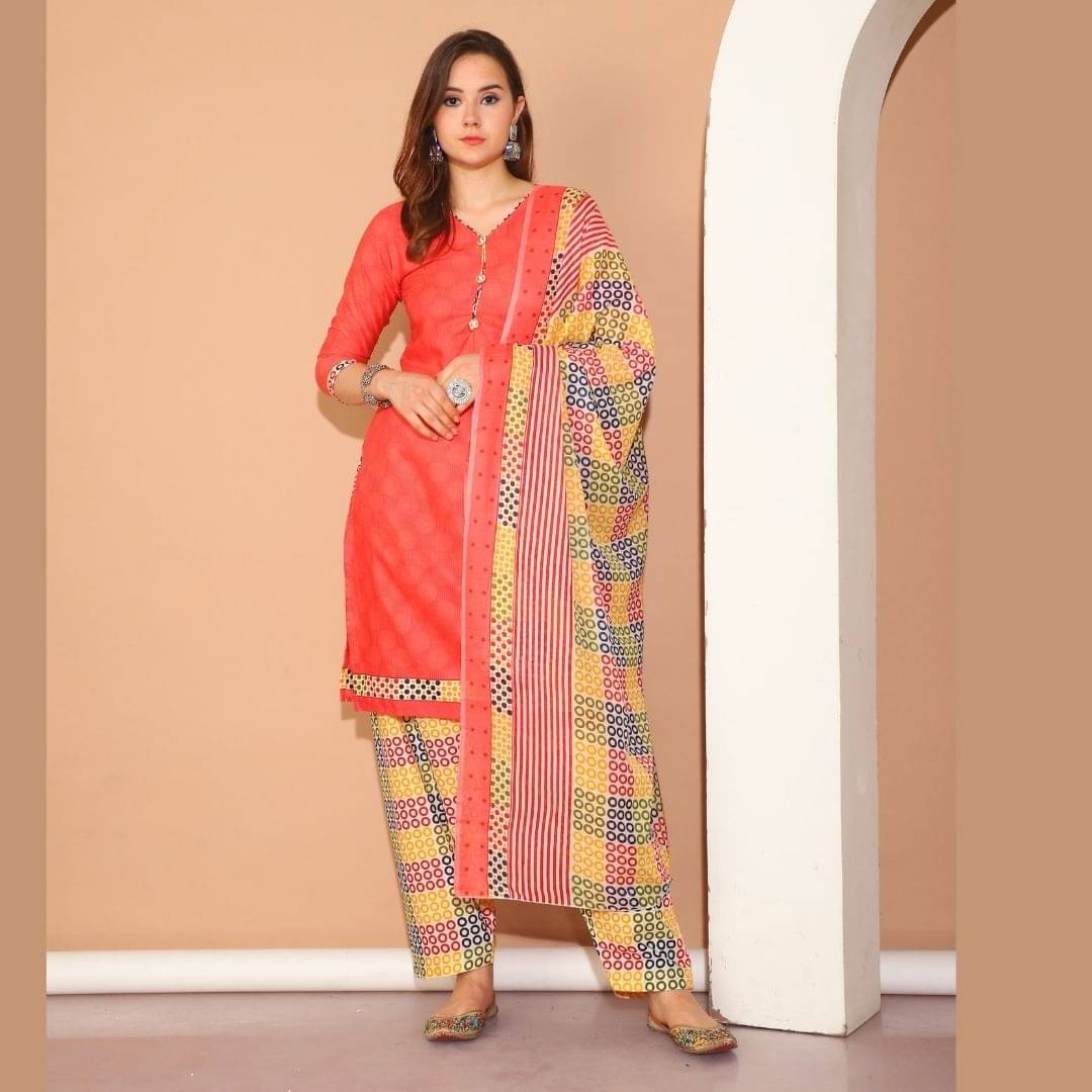     			Rajnandini Women Cotton Blend Printed Straight Kurti With Patiala Salwar ( Peach )