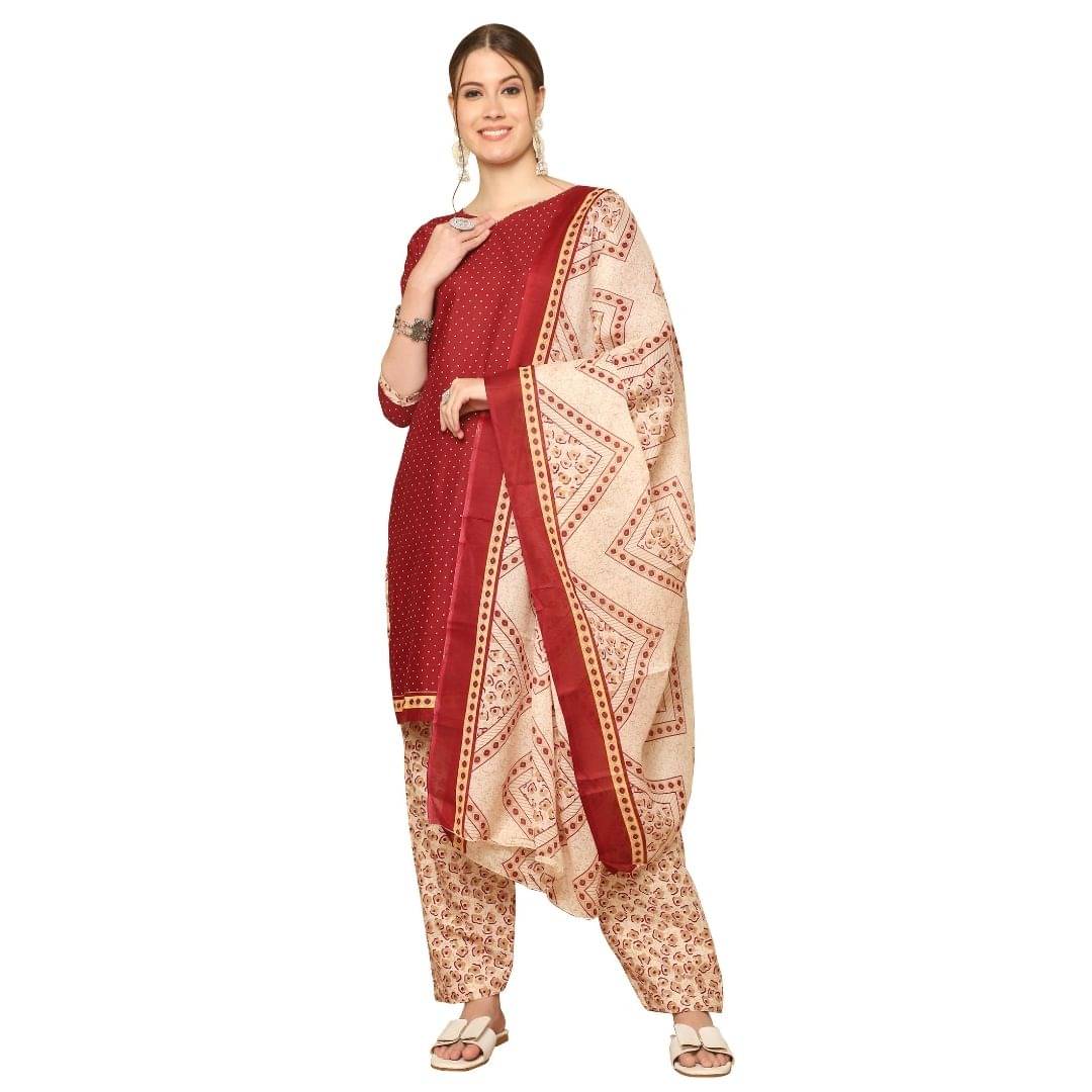     			Rajnandini Women Cotton Blend Printed Straight Kurti With Patiala Salwar ( Maroon )